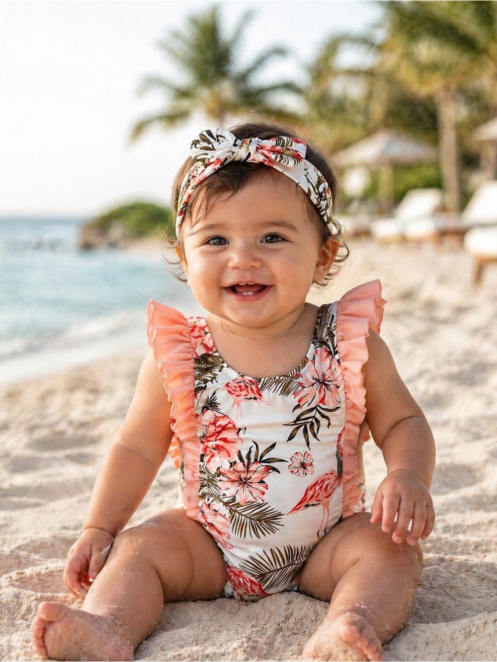 Floral Flamingo Ruffle One-Piece Toddler Swimsuit with Headband -
